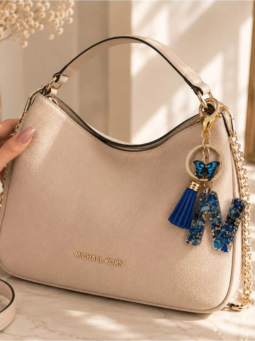 Blue Butterfly N Initial Keychain with Tassel - Gold Hardware